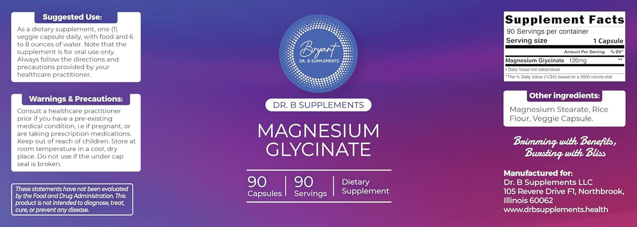 Dr Bryant's Encapsulation Magnesium (Glycinate) 120 mg - Supplement to Support Stress Relief, Sleep, Heart Health, Nerves, Muscles, and Metabolism* - Highly Absorbable Magnesium Glycinate - 90 Capsules