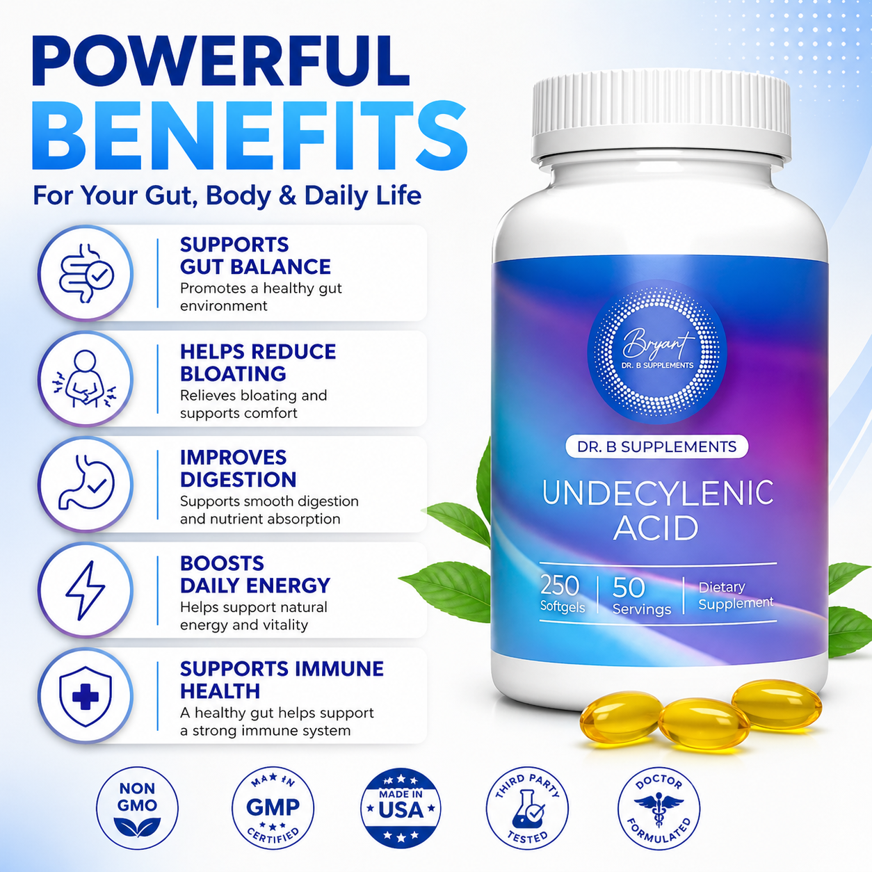 PureCandida Undecylenic Acid 250 mg Softgels – Premium Fatty Acid Supplement | 50 Capsules | Quality Manufactured in USA